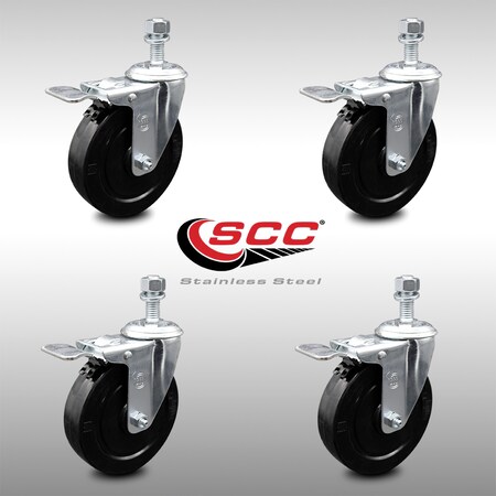 Service Caster 5 Inch SS Soft Rubber Swivel 10mm Threaded Stem Caster Set Total Lock Brake SCC-SSTSTTL20S514-SRS-M1015-4